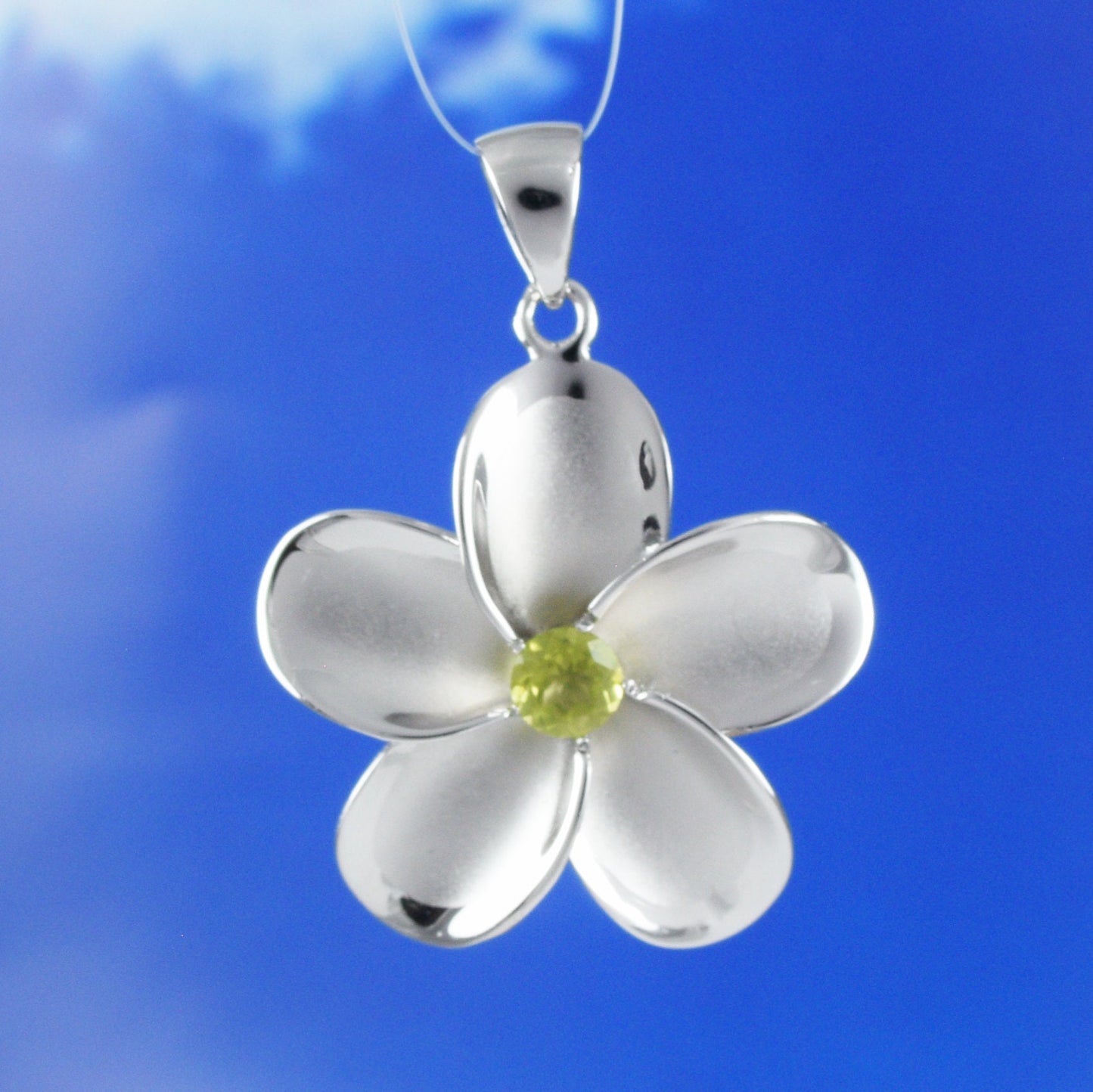 Hawaiian Large Genuine Peridot Plumeria Pendant, Sterling Silver Plumeria Pendant, Christmas Anniversary Birthday Mom Gift