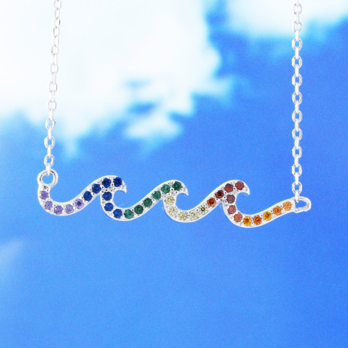 Hawaiian Rainbow Color Ocean Wave Necklace, Sterling Silver Wave CZ Necklace, Christmas Anniversary Birthday Mom Gift