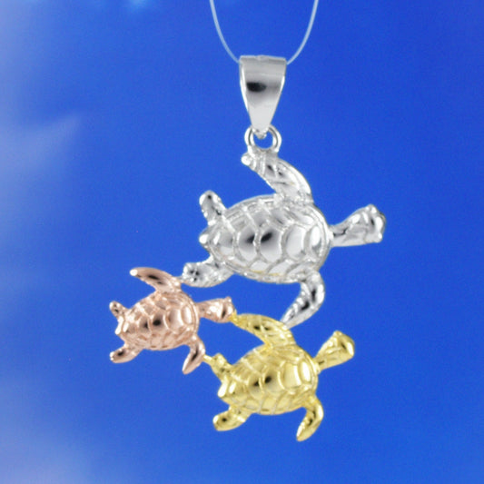 Hawaiian Tri-color 3 Sea Turtle Family Pendant, Sterling Silver 3 Turtle Petroglyph Pendant, Christmas Anniversary Birthday Mom Gift