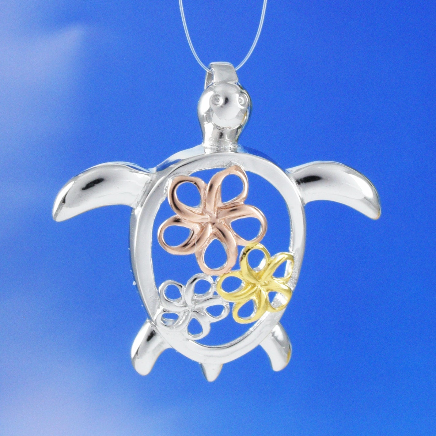 Hawaiian Tri-color Sea Turtle 3 Plumeria Pendant, Sterling Silver Turtle Plumeria Pendant, Christmas Anniversary Mom Birthday Gift