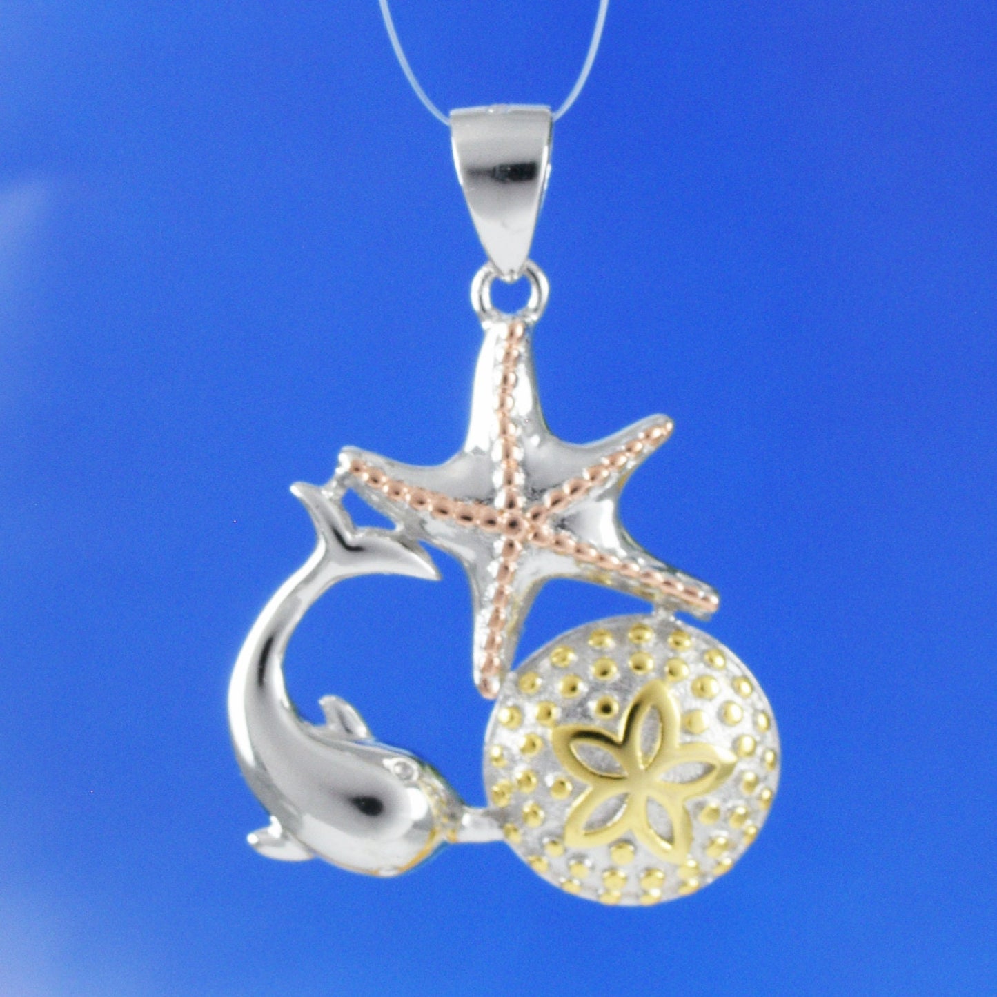 Hawaiian Tri-color Starfish Dolphin Sand Dollar Pendant, Sterling Silver Starfish Pendant, Christmas Anniversary Mom Birthday Gift