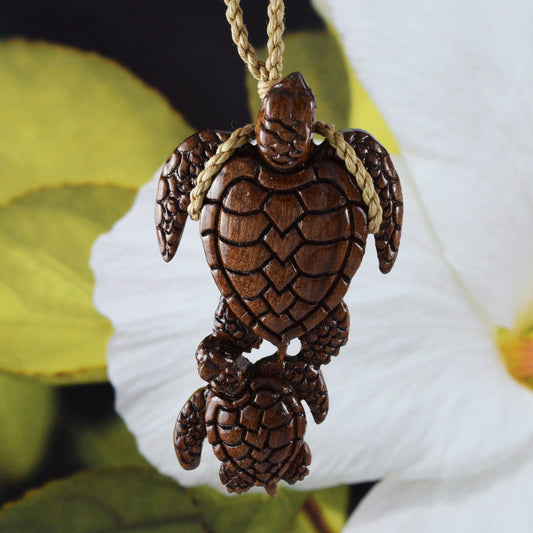 Hawaiian X-Large Mom & Small Sea Turtle Necklace, Hand Carved Genuine Koa Wood Turtle Necklace, N9110 Birthday Men Dad Mother Gift