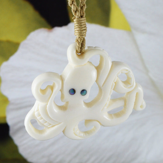 Hawaiian Large Octopus Necklace, Hand Carved Buffalo Bone Octopus Necklace, N9114 Birthday Mother Gift, Island Jewelry