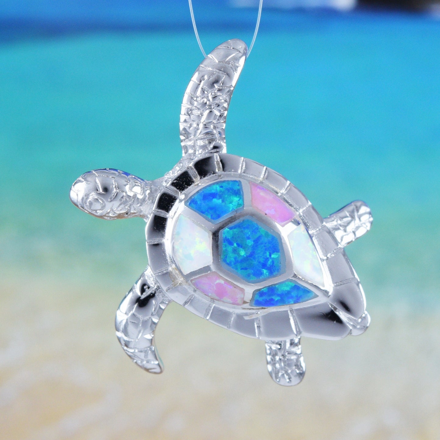 Hawaiian Large Blue Pink White Opal Sea Turtle Pendant, Sterling Silver Opal Sea Turtle Pendant, Christmas Birthday Mom Gift