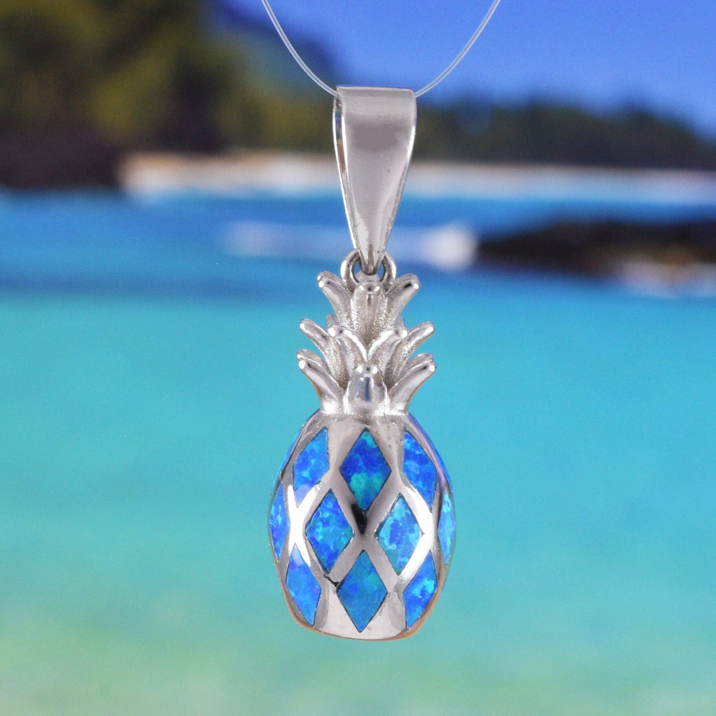 Hawaiian 3D Blue Opal Pineapple Pendant, Sterling Silver 3D Pineapple Charm Pendant, Hawaiian Jewelry, Christmas Anniversary Birthday Gift