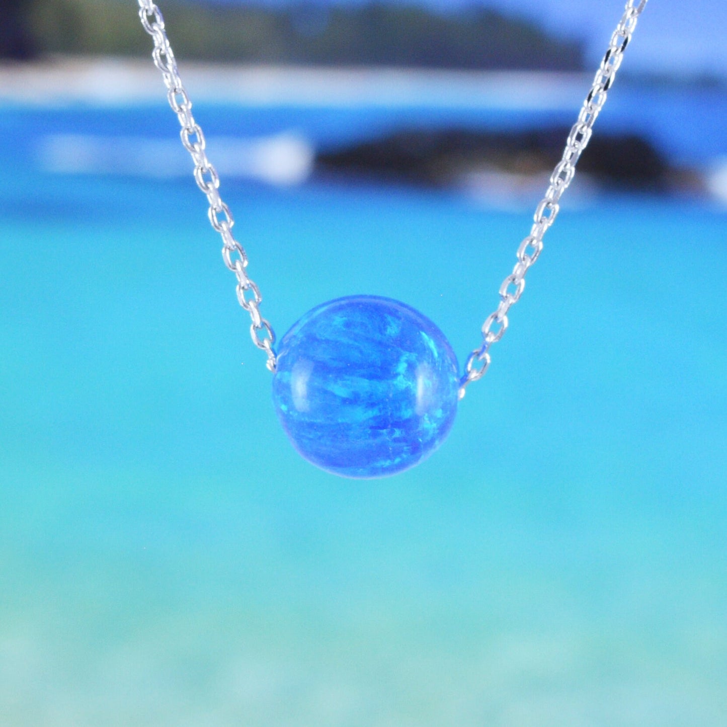 Hawaiian Blue Opal Earth Ball Necklace, Sterling Silver Blue Opal Earth Round Ball Necklace, Christmas Anniversary Birthday Mom Gift