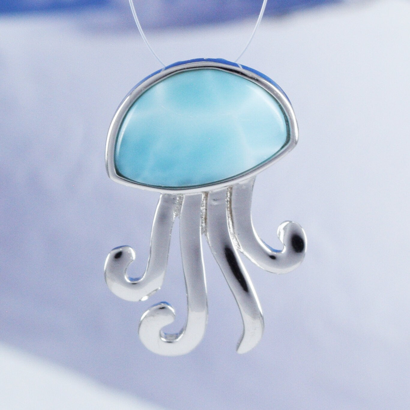 Hawaiian Genuine Larimar Jellyfish Pendant, Sterling Silver Larimar Jelly Fish Pendant, Christmas Anniversary Birthday Mom Gift