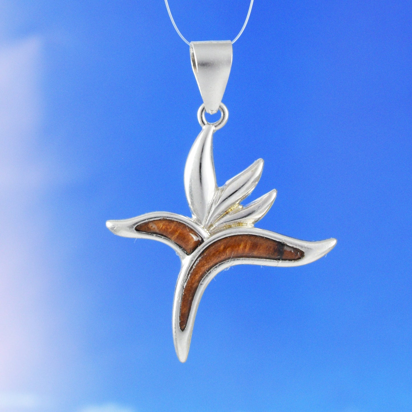 Hawaiian Genuine Koa Wood Bird of Paradise Pendant, Sterling Silver Bird of Paradise Flower Pendant, Mom Christmas Birthday Gift