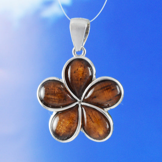 Hawaiian Genuine Koa Wood Plumeria Pendant, Sterling Silver Koa Wood Inlay Plumeria Pendant, Christmas Present, Birthday Mom Gift