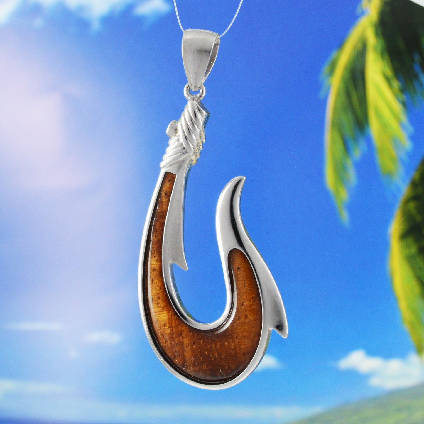 Hawaiian X-Large Genuine Koa Wood Fish Hook Pendant, Sterling Silver Koa Wood Fish Hook Pendant, Christmas Anniversary Birthday Dad Gift