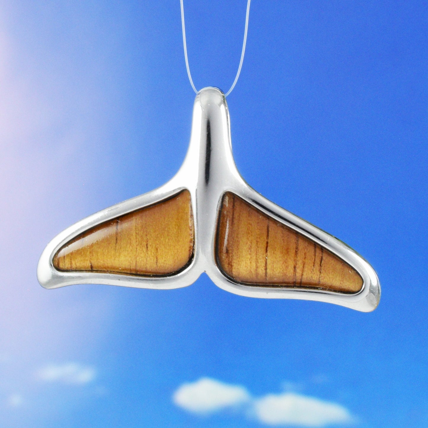 Hawaiian Large Genuine Koa Wood Whale Tail Pendant, Sterling Silver Koa Wood Inlay Whale Tail Pendant, Christmas Mom Birthday Gift