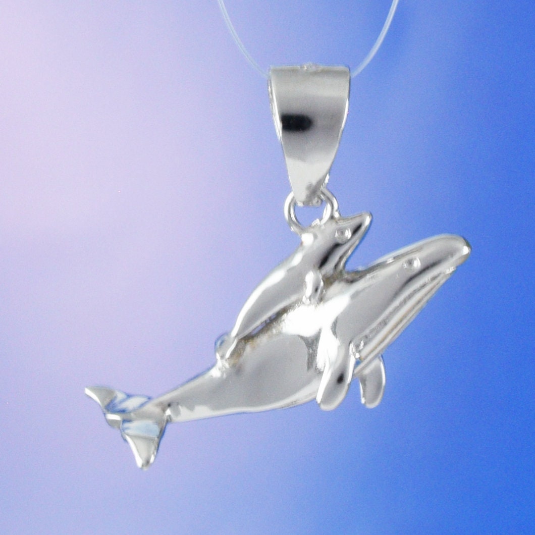 Hawaiian Mom & Small 3D Humpback Whale Pendant, Sterling Silver 2 Humpback Whale Pendant, Christmas Present Birthday Gift