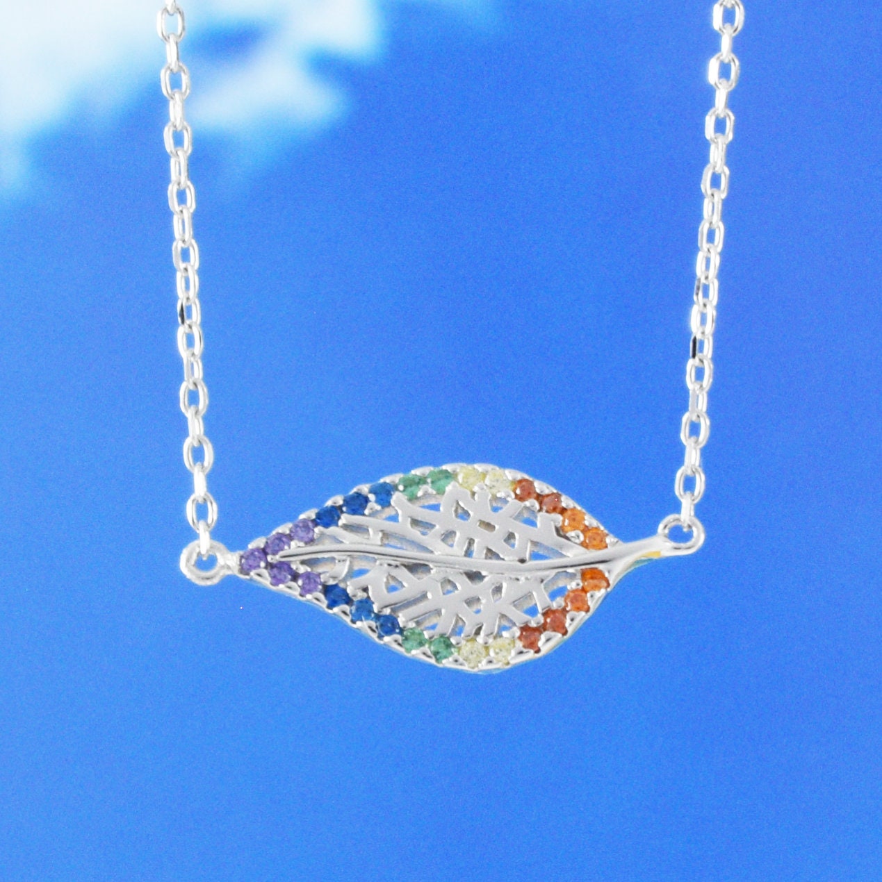 Hawaiian Rainbow Color Maile Leaf Necklace, Sterling Silver Maile Leaf CZ Necklace, Christmas Anniversary Birthday Mom Gift