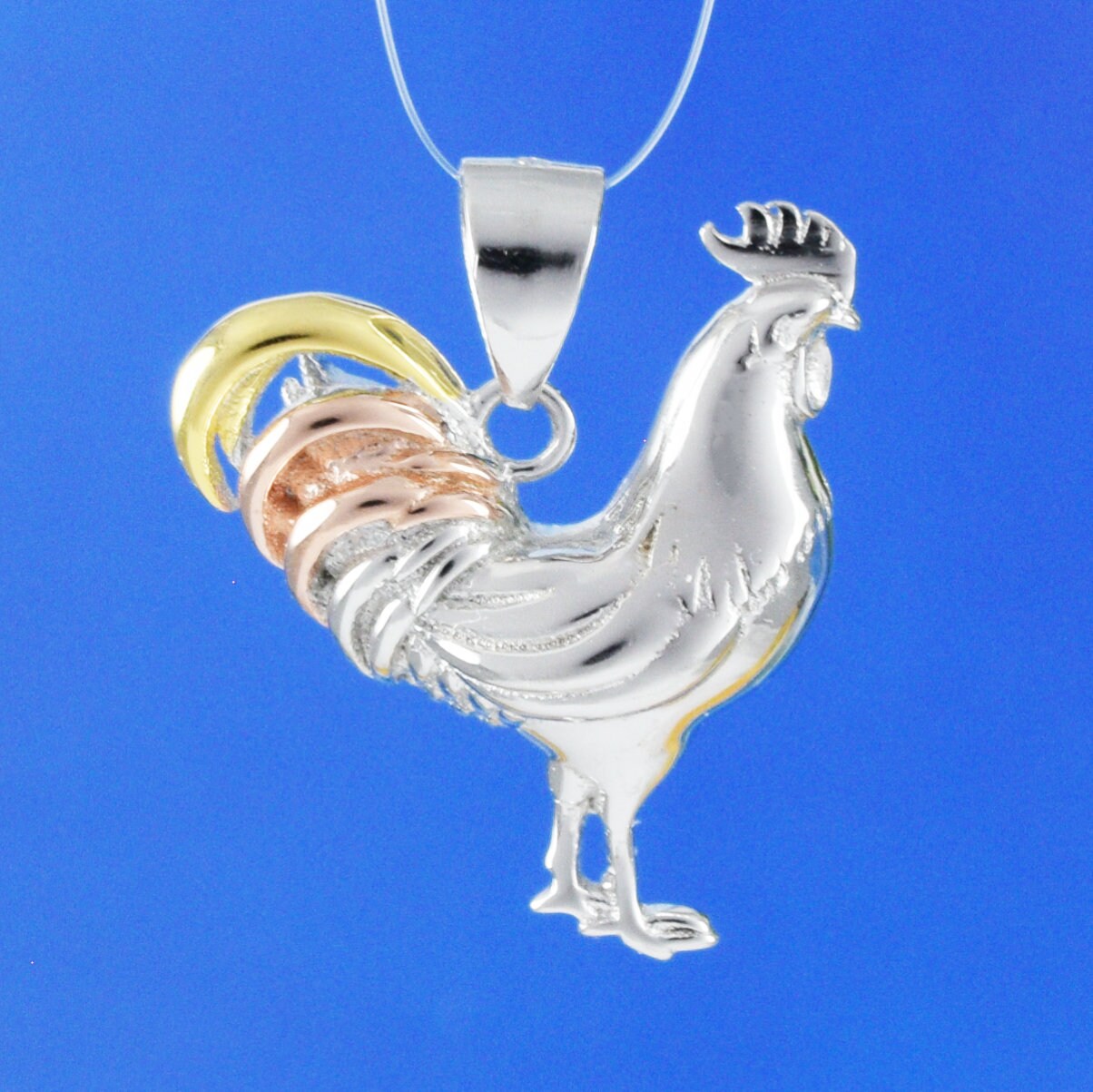 Hawaiian Tri-color Rooster Pendant, Sterling Silver 3-Tone Rooster Pendant, Christmas Anniversary Mom Birthday Gift