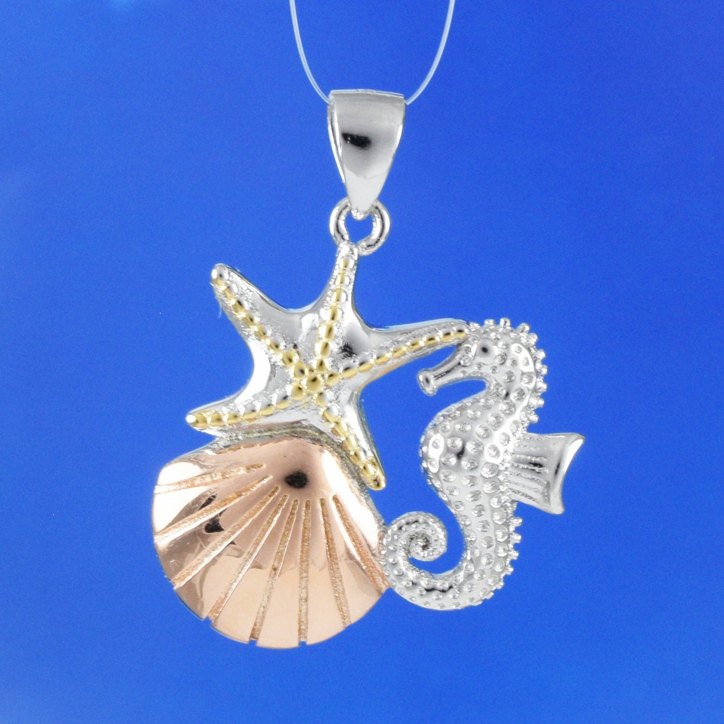 Hawaiian Tri-color Starfish Seashell Seahorse Pendant, Sterling Silver Starfish Pendant, Christmas Anniversary Mom Birthday Gift