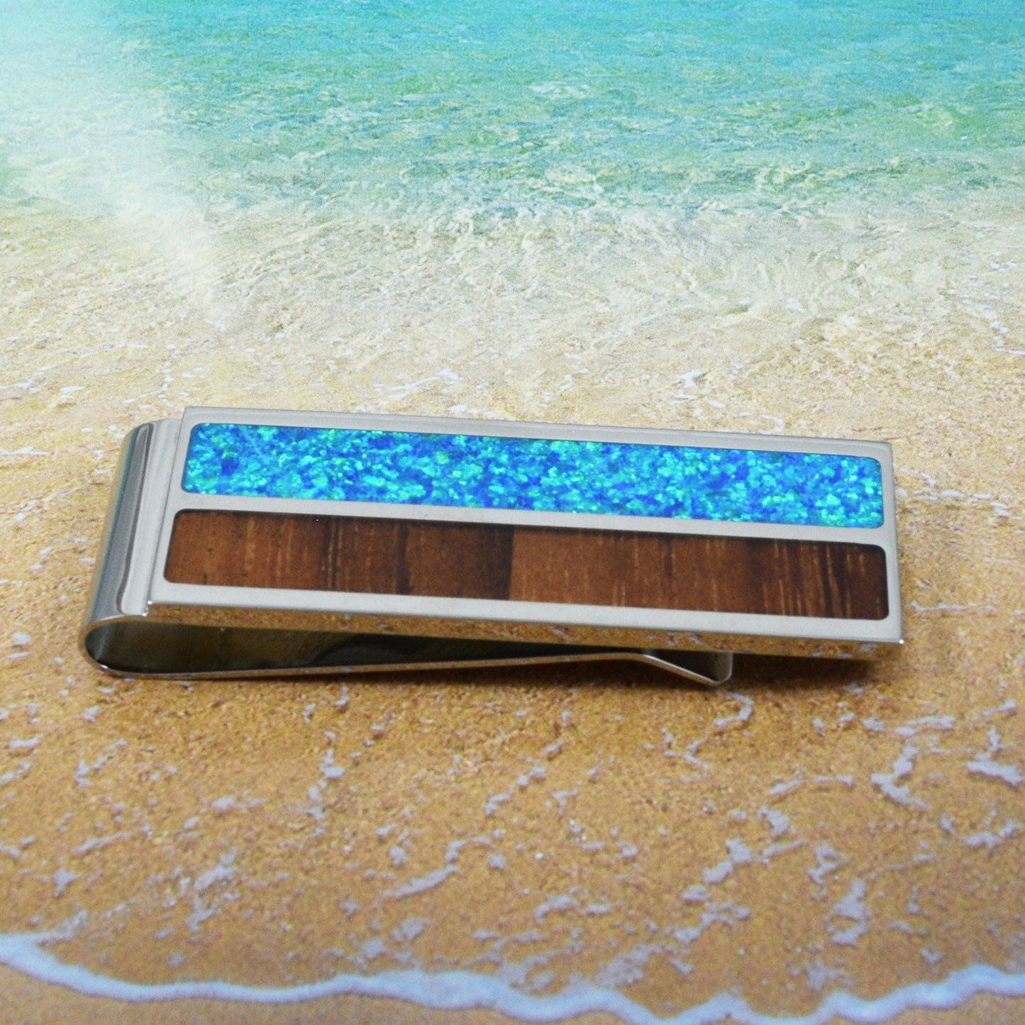 Hawaiian Large Genuine Koa Wood Blue Opal Money Clip, Stainless Steel Koa Wood Blue Opal Inlay Money Clip, Christmas Birthday Gift