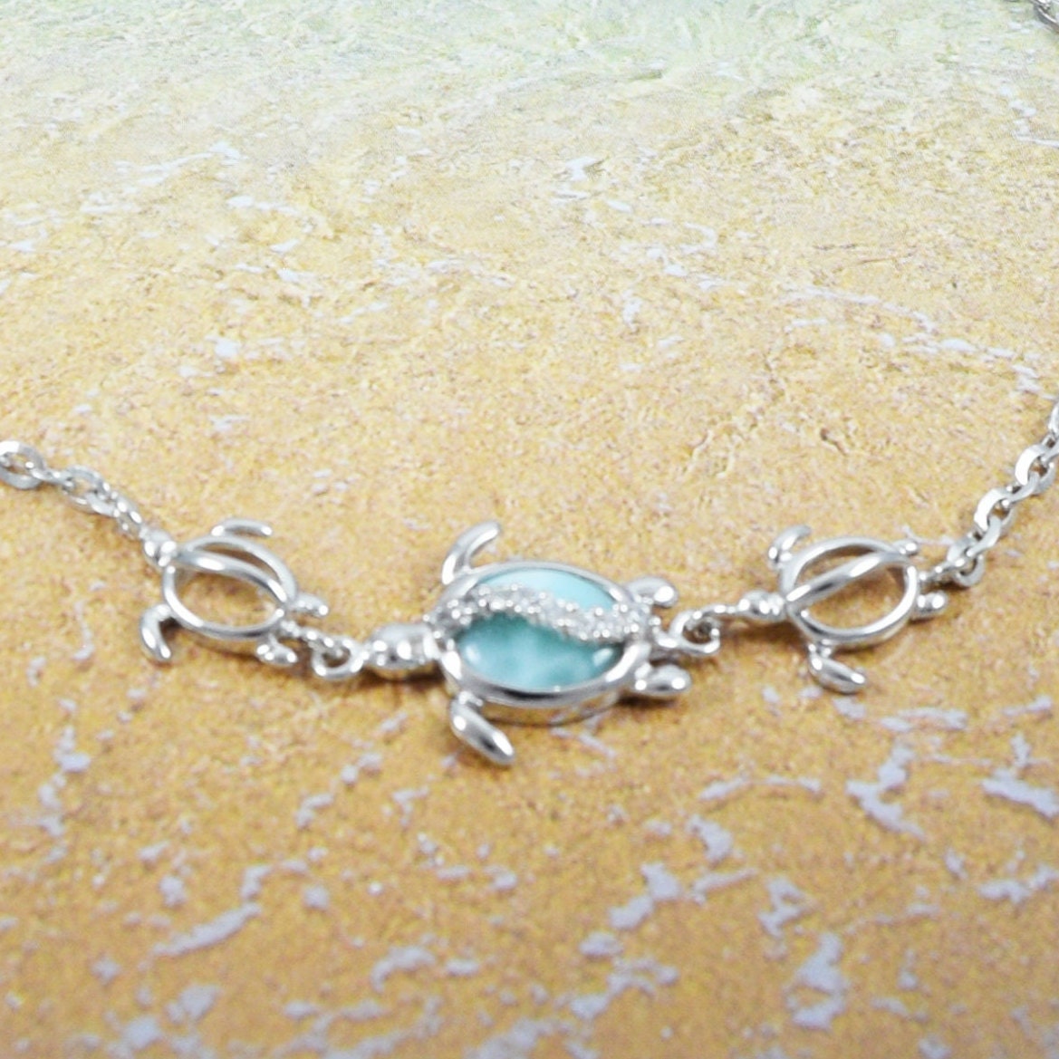 Adjustable Hawaiian Genuine Larimar Sea Turtle Anklet, Sterling Silver Turtle Larimar CZ Ankle Bracelet, Christmas Birthday Mother Mom Gift