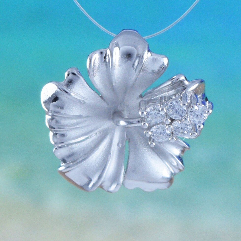 Hawaiian Hibiscus Flower Pendant, Sterling Silver Hibiscus CZ Pendant, Hawaiian Jewelry, Christmas Anniversary Mom Birthday Gift