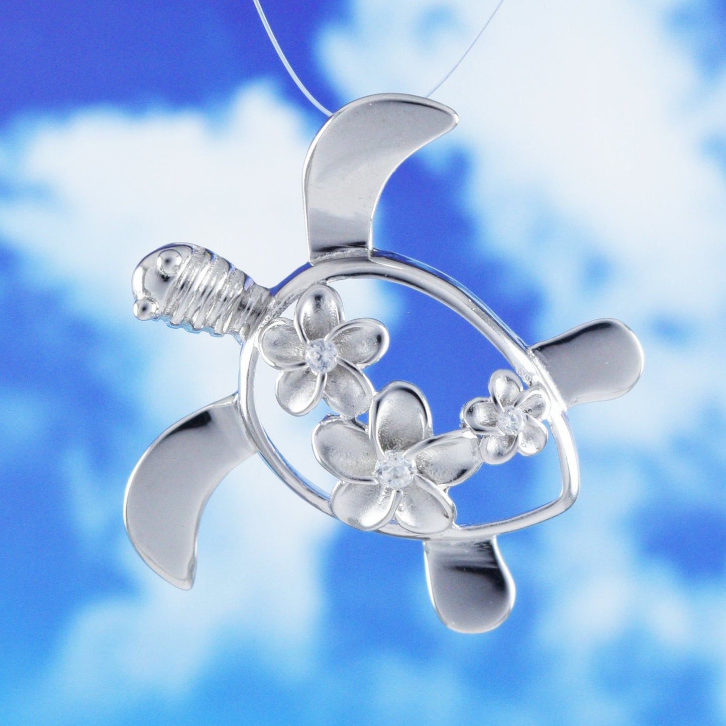 Hawaiian Sea Turtle 3 Plumeria Pendant, Sterling Silver Turtle 3 Plumeria CZ Pendant, Hawaiian Jewelry, Christmas Mom Birthday Gift