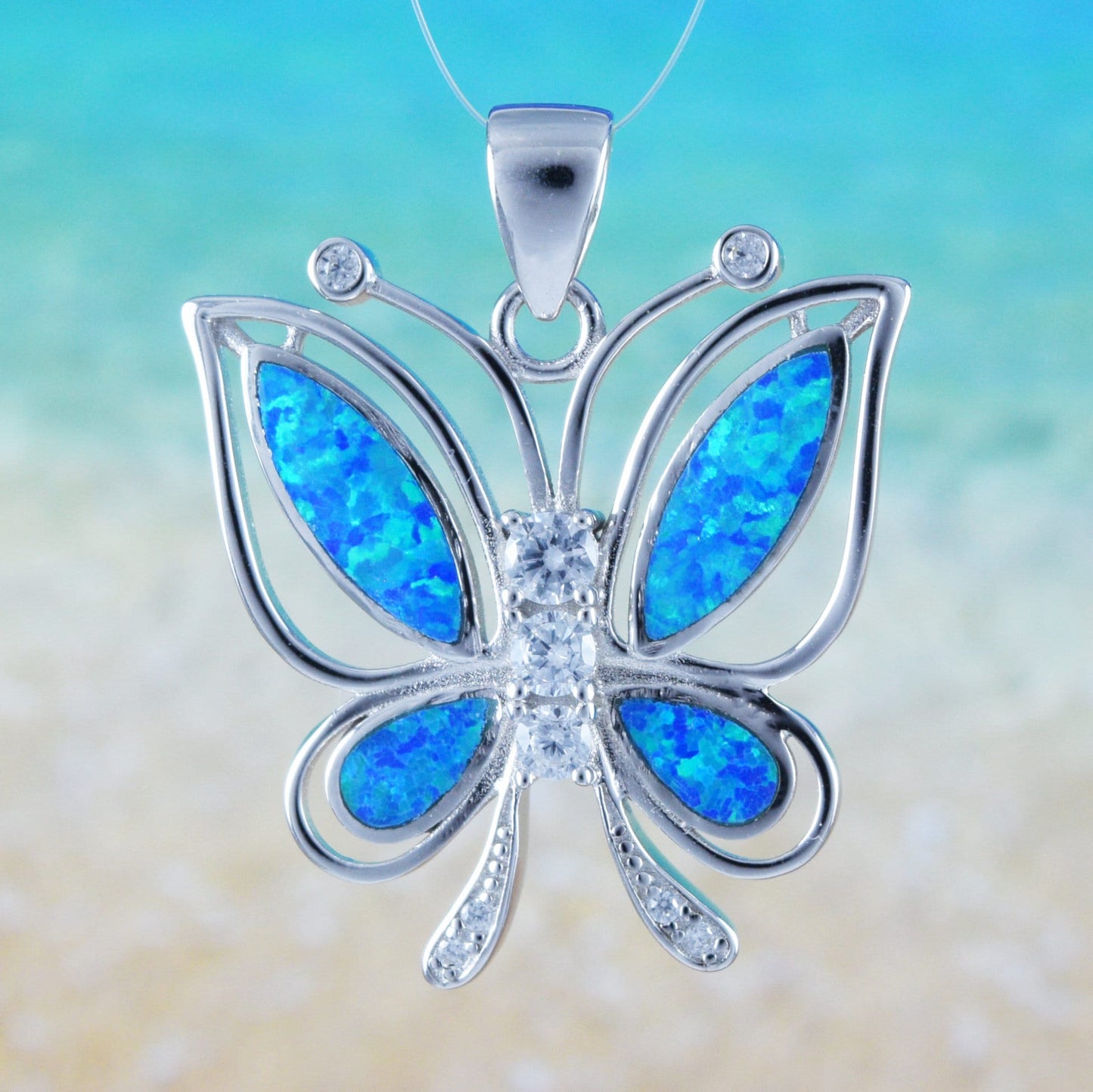 Hawaiian Large Blue Opal Butterfly Pendant, Sterling Silver Blue Opal Butterfly CZ Pendant, Hawaiian Jewelry, Mom Birthday Gift