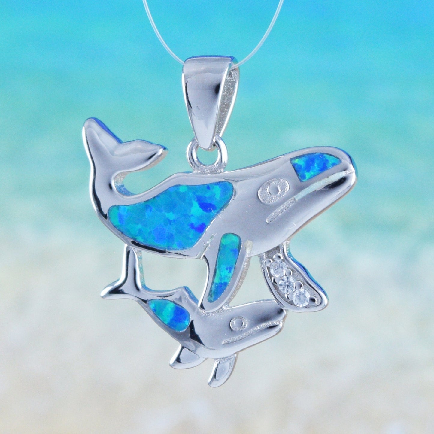 Hawaiian Mom & Small Humpback Whale Pendant, Sterling Silver Blue Opal 2 Humpback Whale CZ Charm Pendant, Christmas Mom Birthday Gift