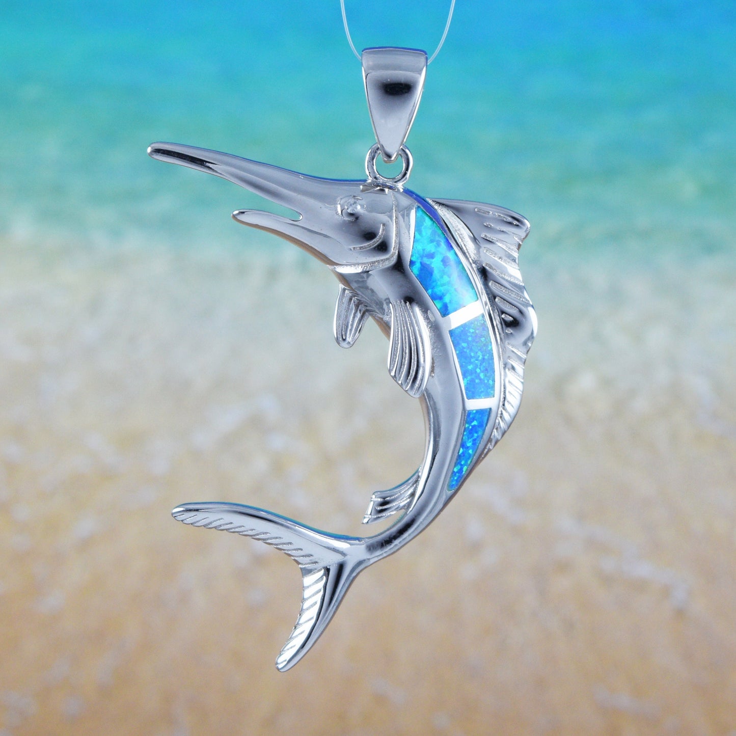 Hawaiian X-Large Blue Opal Marlin Pendant, Sterling Silver Blue Opal Marlin Swordfish Pendant, Christmas Birthday Mom Gift