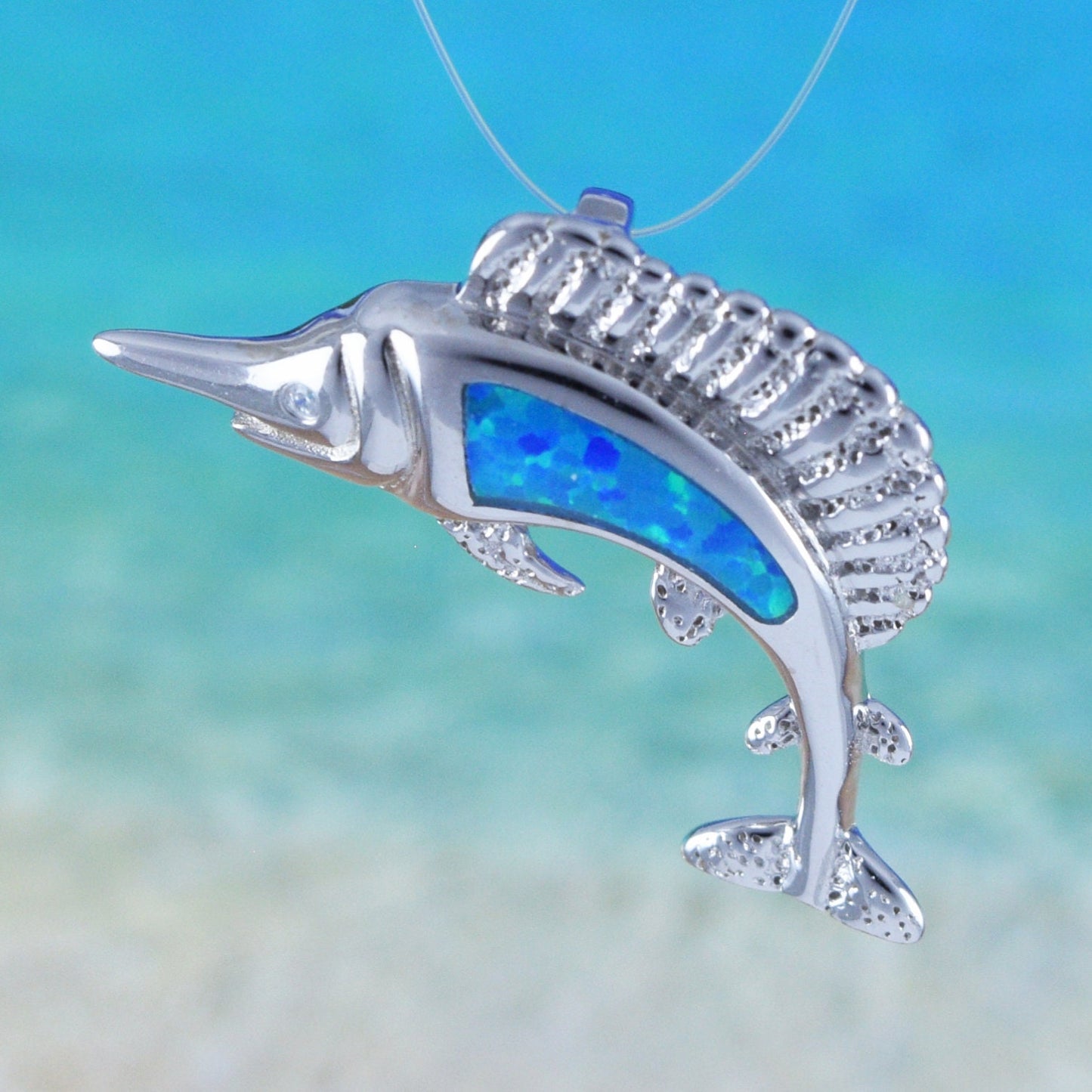 Hawaiian Marlin Pendant, Sterling Silver Blue Opal Inlay Swordfish Marlin Pendant, Hawaiian Jewelry, Christmas Mom Birthday Gift