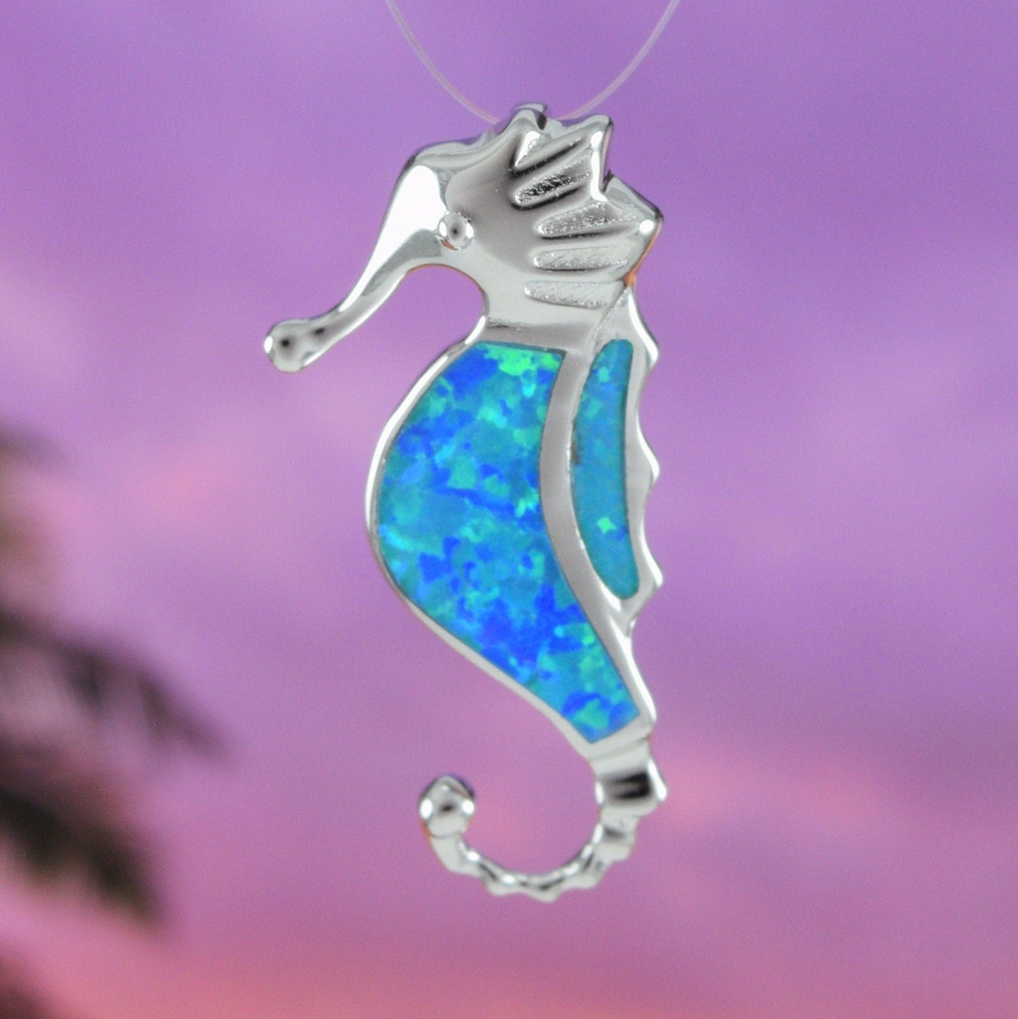 Hawaiian Blue Opal Seahorse Pendant, Sterling Silver Blue Opal Seahorse Pendant N6162 Birthday Mother Mom Gift, Island Jewelry