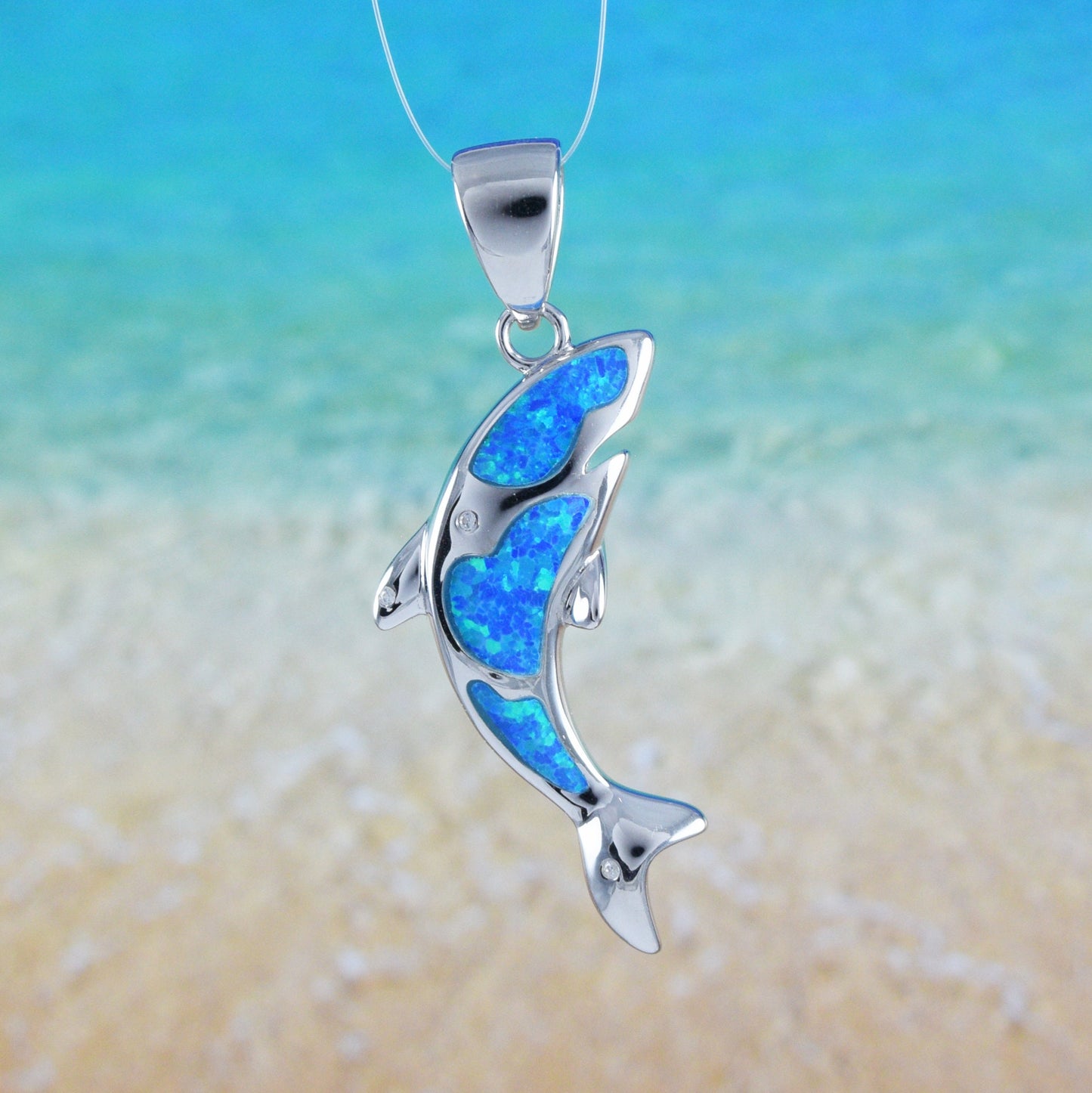 Hawaiian Blue Opal Orca Whale Necklace and Earrings, Sterling Silver Blue Opal Inlay Killer Whale CZ Pendant, Christmas Birthday Gift