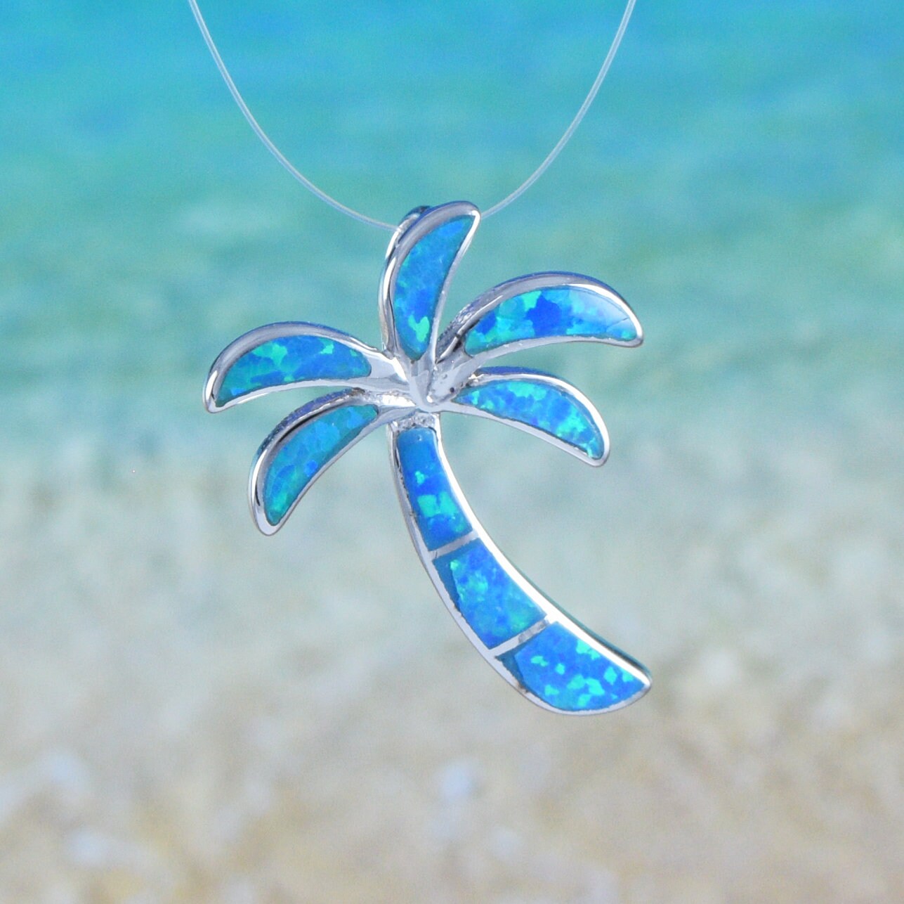 Hawaiian Blue Opal Palm Tree Pendant, Sterling Silver Blue Opal Inlay Palm Tree Pendant, Christmas Present Birthday Mom Gift