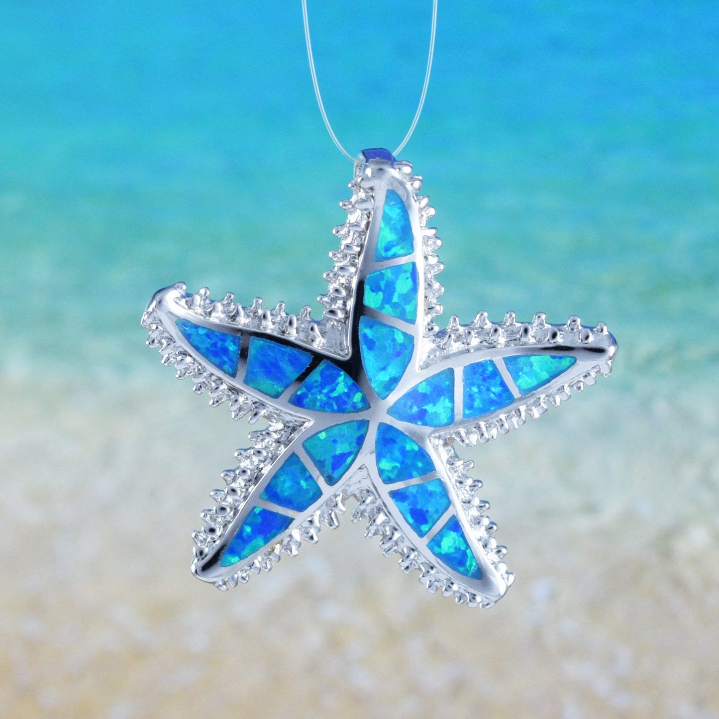 Hawaiian Large Blue Opal Starfish Pendant, Sterling Silver Blue Opal Inlay Starfish Pendant, Christmas Mom Birthday Gift