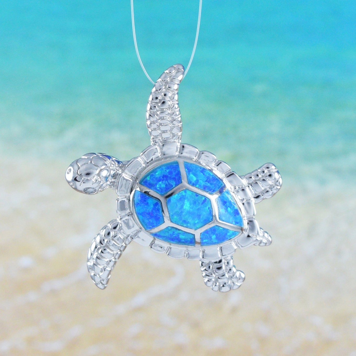 Hawaiian Blue Opal Sea Turtle Pendant, Sterling Silver Blue Opal Inlay Sea Turtle Pendant, Hawaiian Jewelry, Christmas Birthday Gift