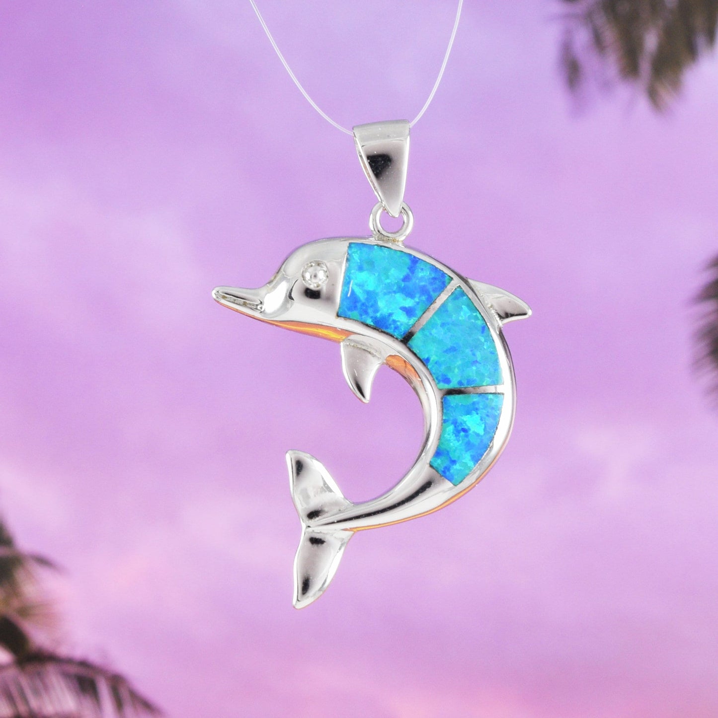 Hawaiian Large Blue Opal Dolphin Pendant, Sterling Silver Blue Opal Dolphin Pendant, N6030 Birthday Mother Mom Gift