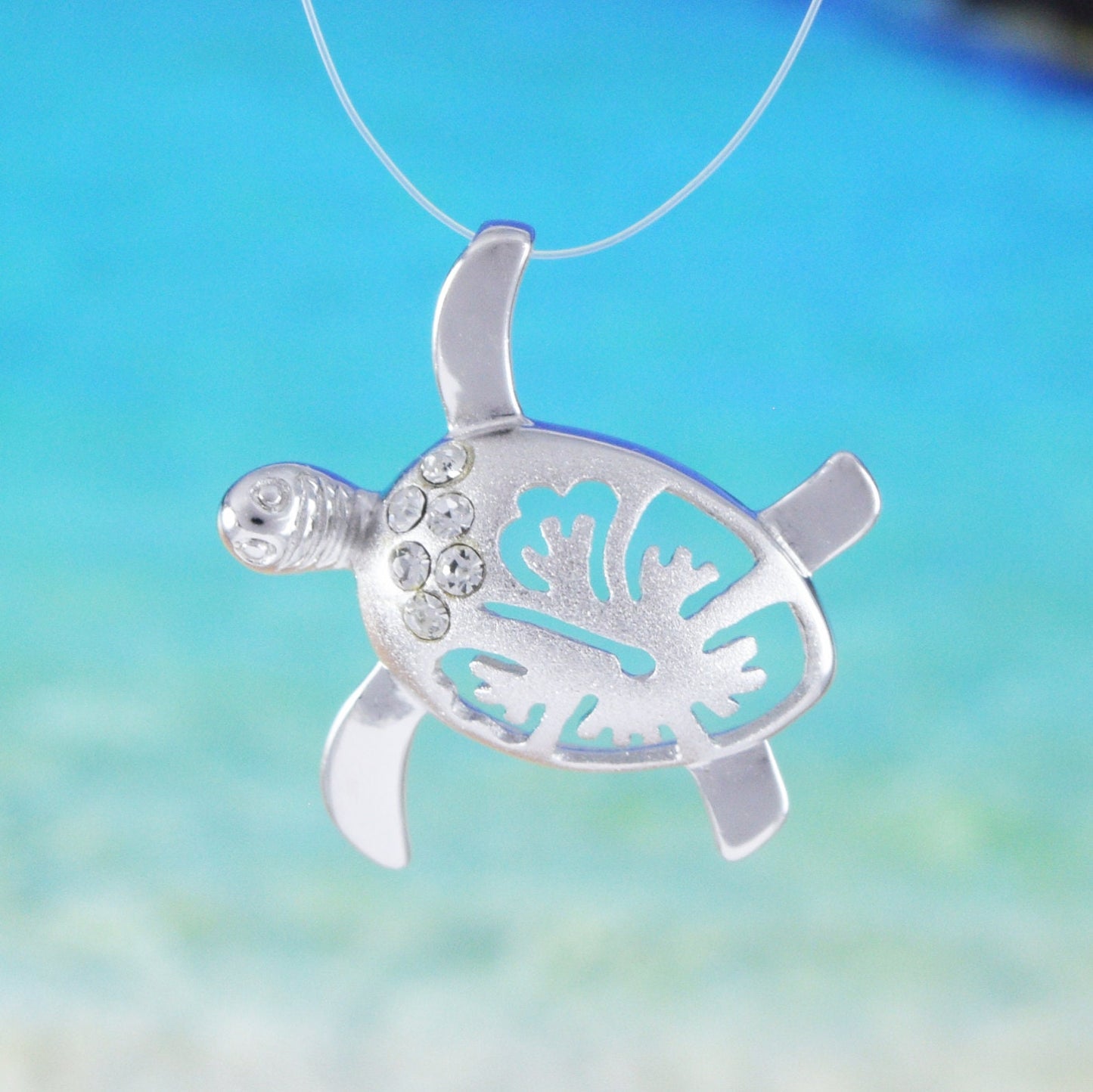 Hawaiian Sea Turtle Hibiscus Pendant, Silver Turtle Hibiscus CZ Pendant, Hawaiian Jewelry, Christmas Anniversary Birthday Gift