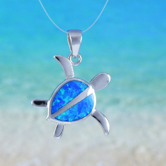 Hawaiian Blue Opal Sea Turtle Pendant, Sterling Silver Blue Opal Turtle Charm Pendant, Christmas Anniversary Birthday Gift