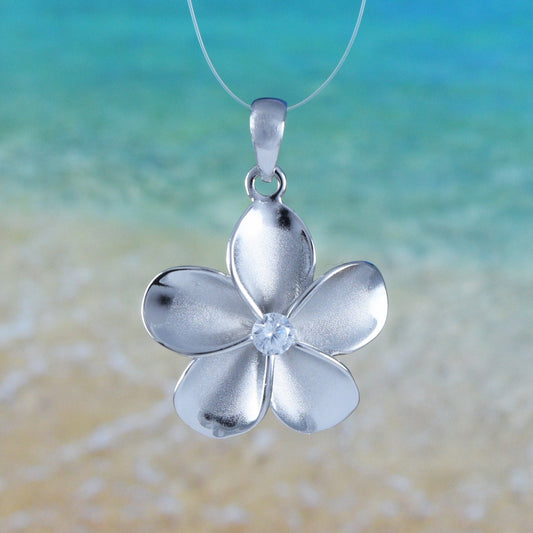 Hawaiian Plumeria Pendant, Silver Plumeria W. CZ Pendant, Hawaiian Jewelry  Christmas Present, Anniversary Gift, Birthday Gift