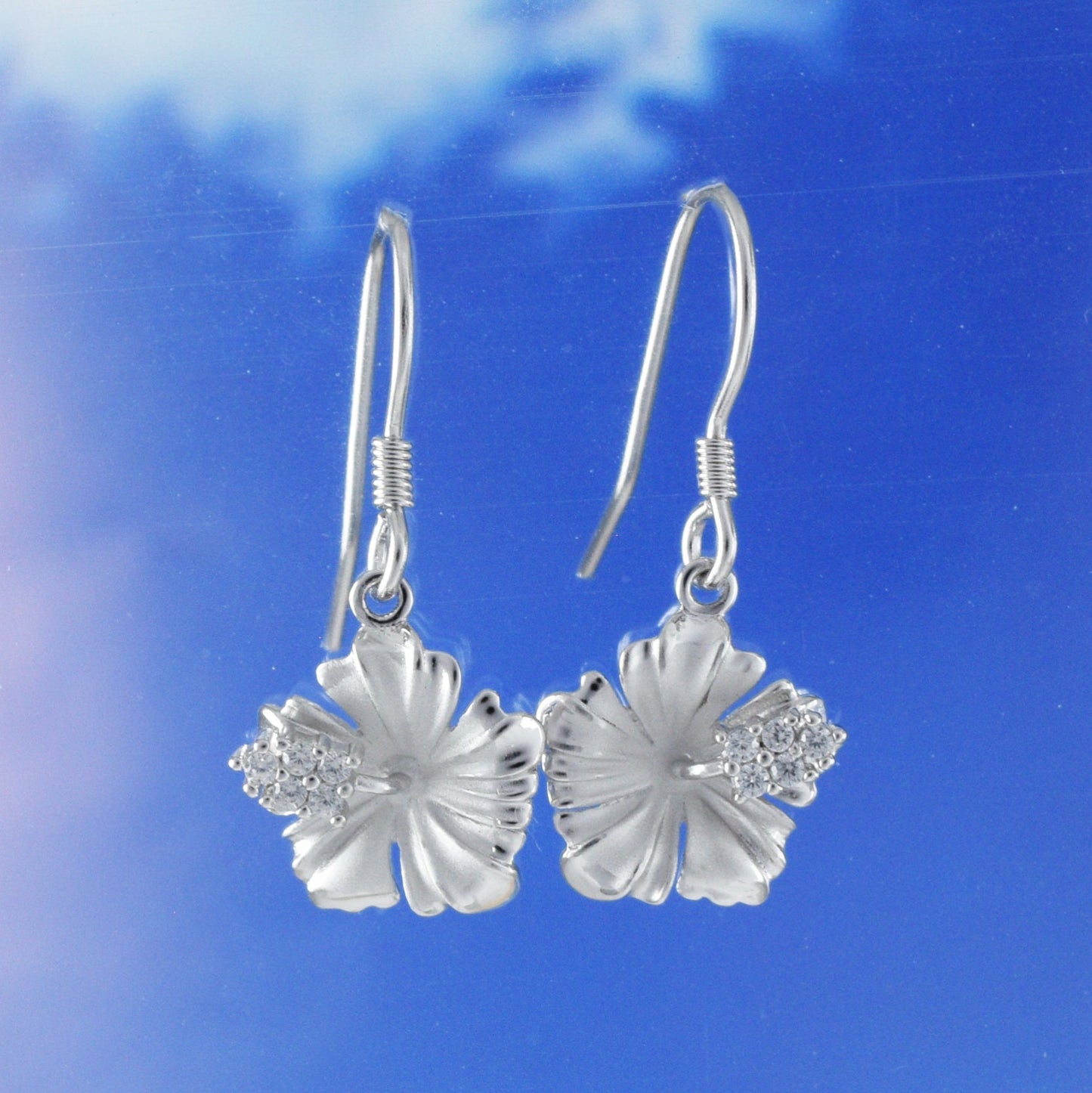 Hawaiian Hibiscus Earrings, Sterling Silver Hibiscus CZ Dangle Earrings, Hawaiian Jewelry, Christmas Anniversary Birthday Gift