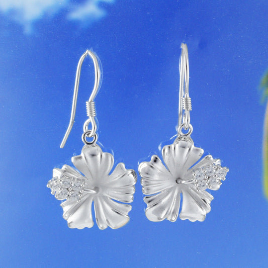 Hawaiian State Flower Hibiscus Earrings, Sterling Silver Hibiscus CZ Dangle Earrings, Christmas Anniversary Birthday Gift