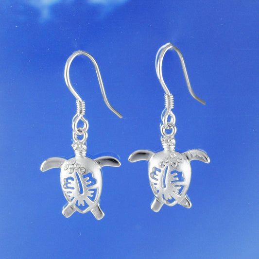 Hawaiian Hibiscus Sea Turtle Earrings, Sterling Silver Turtle Hibiscus CZ Dangle Earrings, Christmas Mom Birthday Gift