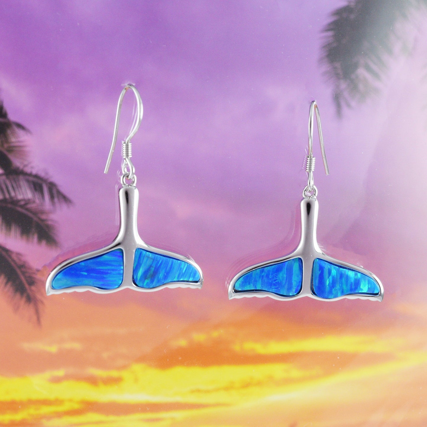 Gorgeous Hawaiian X-Large Blue Opal Whale Tail Earring, Sterling Silver Blue Opal Whale Tail Dangle Earring, E9378 Birthday Mother Gift - Hawaii Treasures Shop