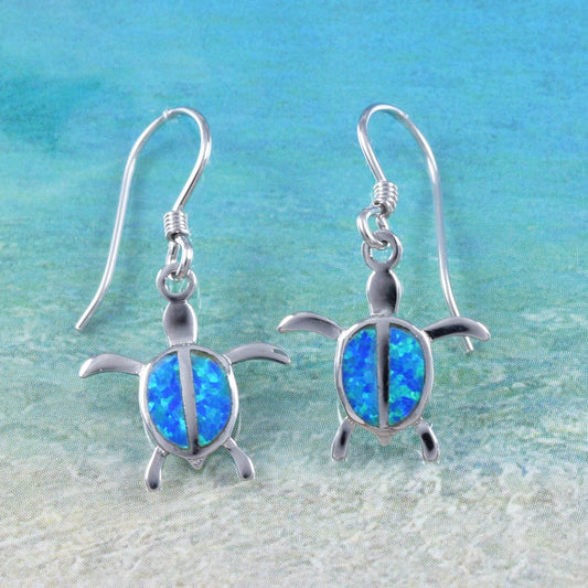 Hawaiian Blue Opal Sea Turtle Earrings, Sterling Silver Blue Opal Sea Turtle Dangle Earrings, Christmas Present Birthday Gift