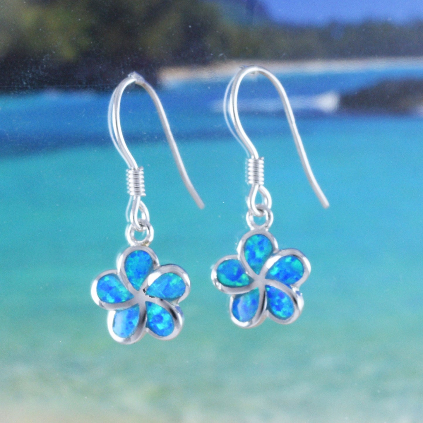 Hawaiian Blue Opal Plumeria Earrings, Sterling Silver Blue Opal Inlay Plumeria Dangle Earrings, Christmas Mom Birthday Gift