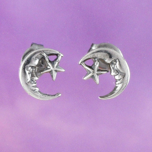 Silver Moon Star Earrings, Sterling Silver Moon Star Stud Earrings, E8828 Birthday Mother Gift, Texan Jewelry