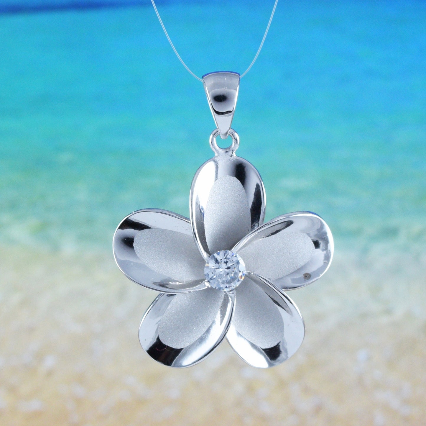 Hawaiian Large Plumeria Pendant, Sterling Silver Plumeria CZ Pendant, Hawaiian Jewelry, Christmas Anniversary Birthday Mom Gift