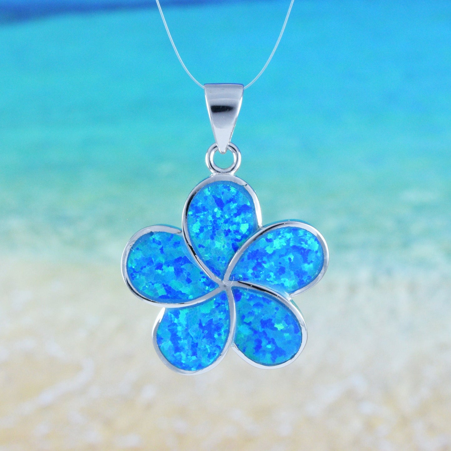 Hawaiian Blue Opal Plumeria Pendant, Sterling Silver Blue Opal Inlay Plumeria Pendant, Christmas Present, Birthday Gift