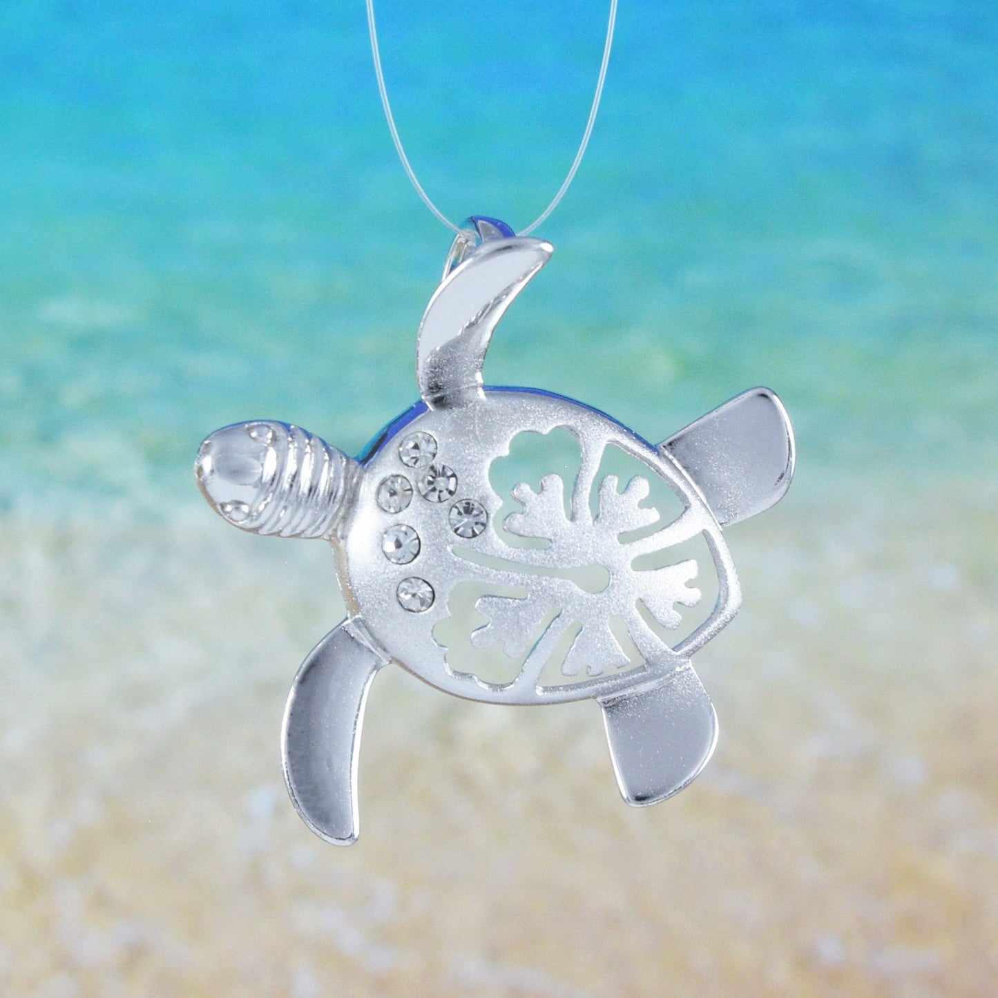 Hawaiian Sea Turtle Hibiscus Pendant, Sterling Silver Turtle W. Hibiscus  CZ Pendant, Christmas Anniversary Birthday Gift