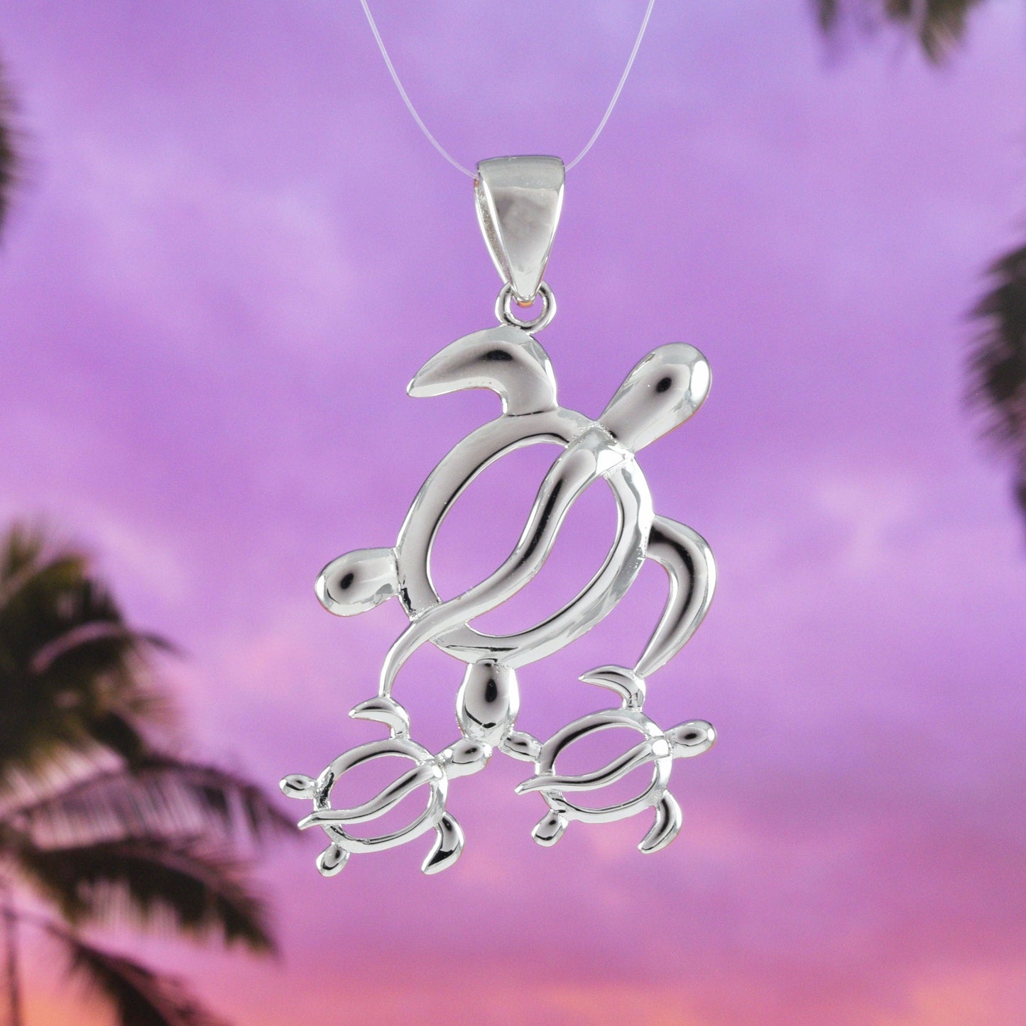 Hawaiian Large Mom & 2 Small Sea Turtle Pendant, Sterling Silver Sea Turtle Family Pendant N6027 Birthday Wife Mom Gift