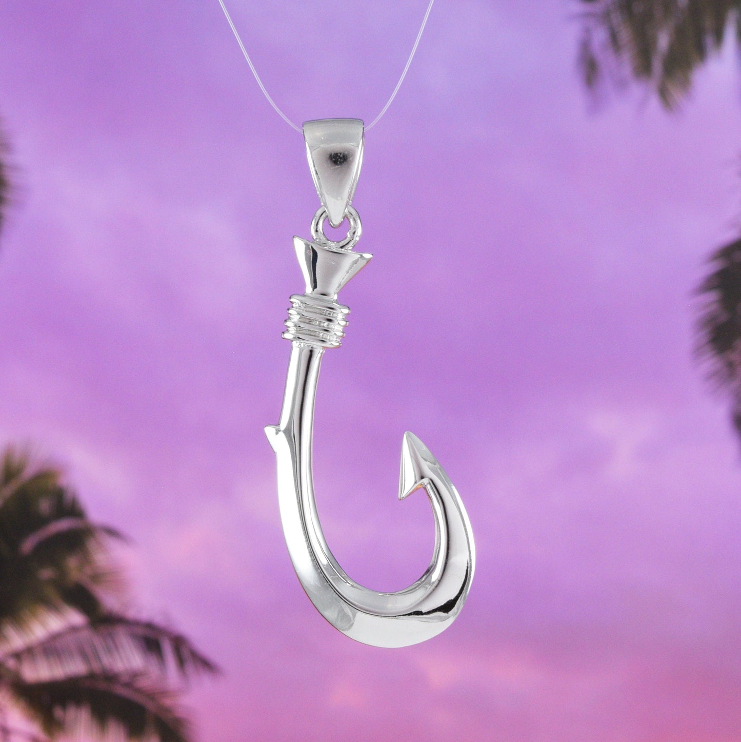 Hawaiian Large 3D Fish Hook Pendant, Sterling Silver Fish Hook Pendant, N6032 Statement PC, Birthday Mother Father's Day Gift