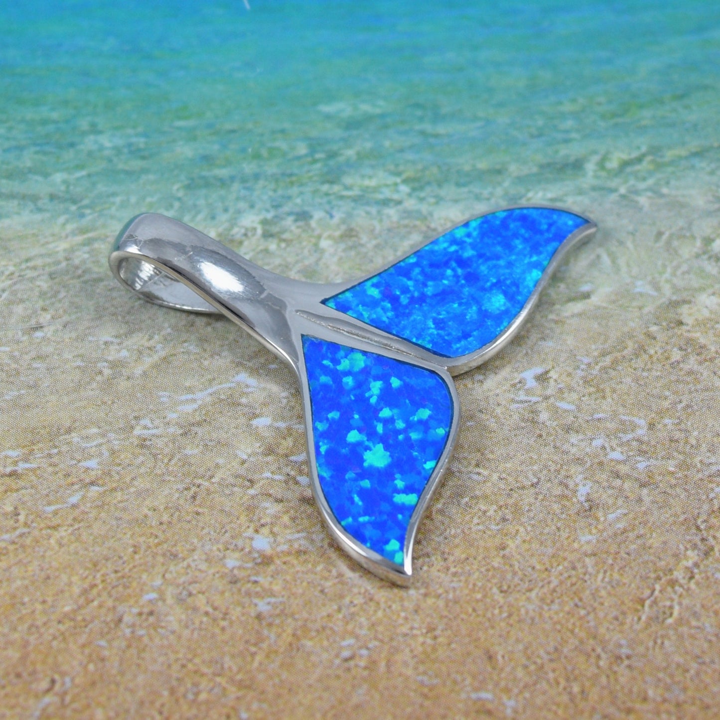 Hawaiian Large Blue Opal Whale Tail Pendant, Sterling Silver Blue Opal Inlay Whale Tail Pendant, Christmas Birthday Mom Gift