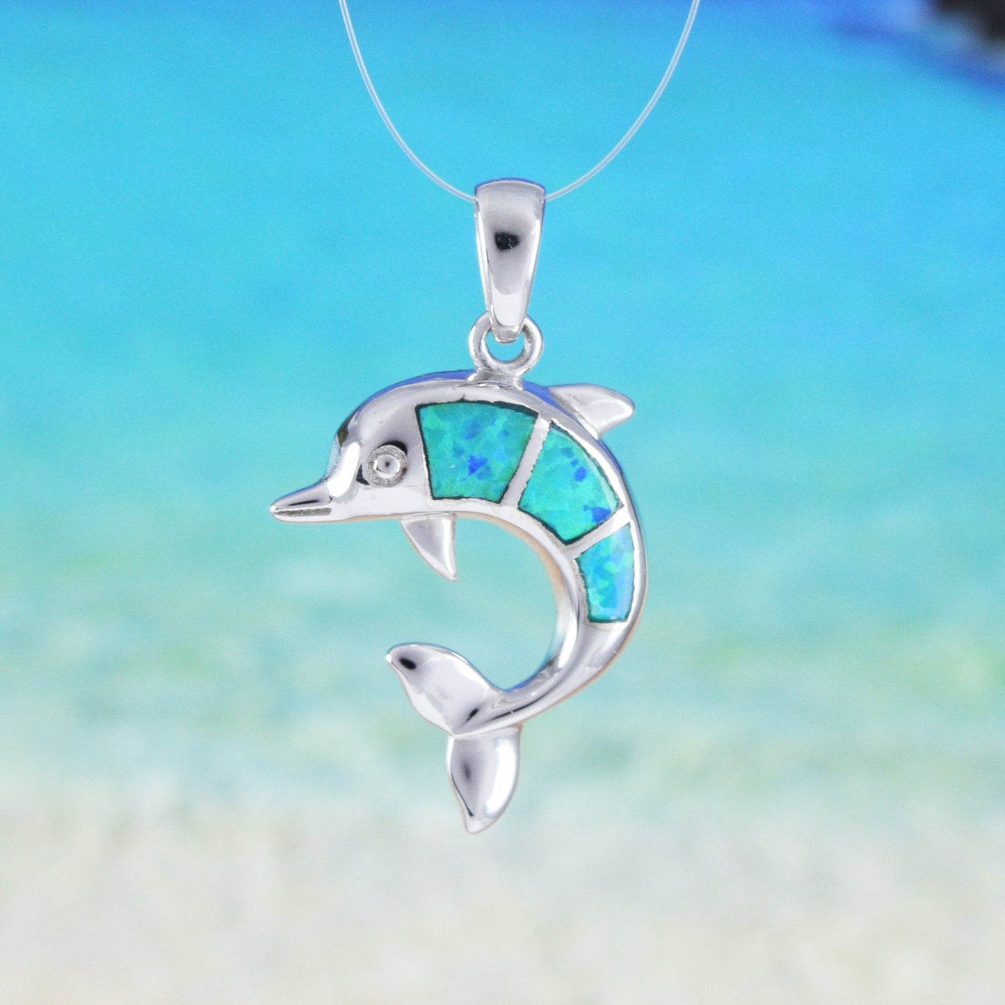 Hawaiian Blue Opal Dolphin Pendant, Sterling Silver Blue Opal Inlay Dolphin Charm Pendant, Christmas Anniversary Birthday Gift